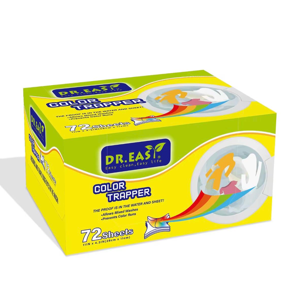 A yellow and green box of Dr. Easy Color Trapper 72 sheets, featuring a white globe graphic with a rainbow and the Dr.Easy